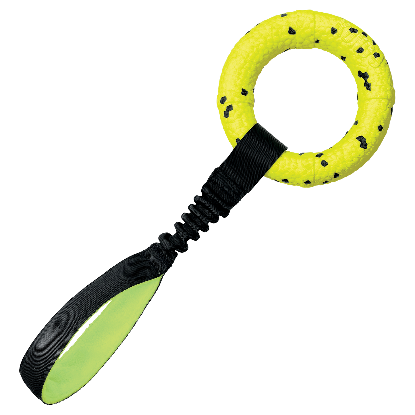 Stock image of the KONG Reflex Tug, with a black handle and yellow-green colour.