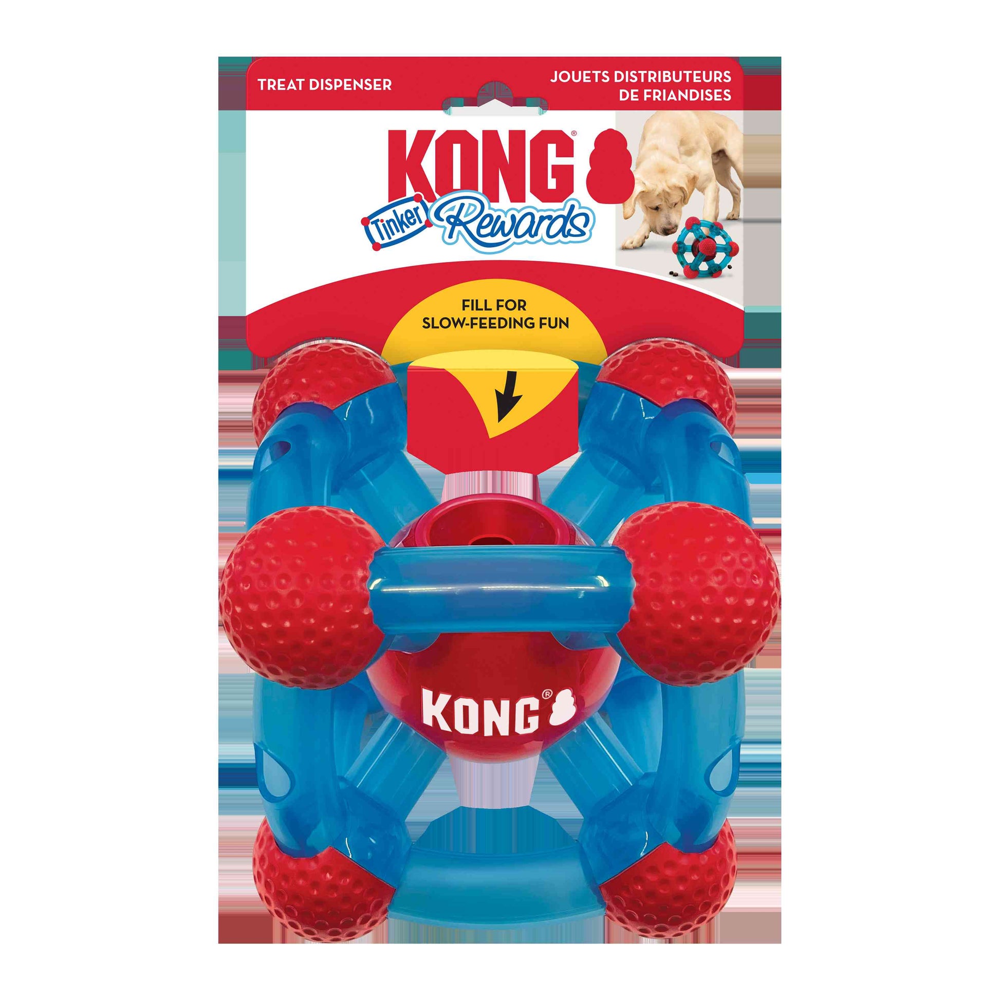 Stock image of the KONG Rewards Tinker, a blue and red toy, against a white background.