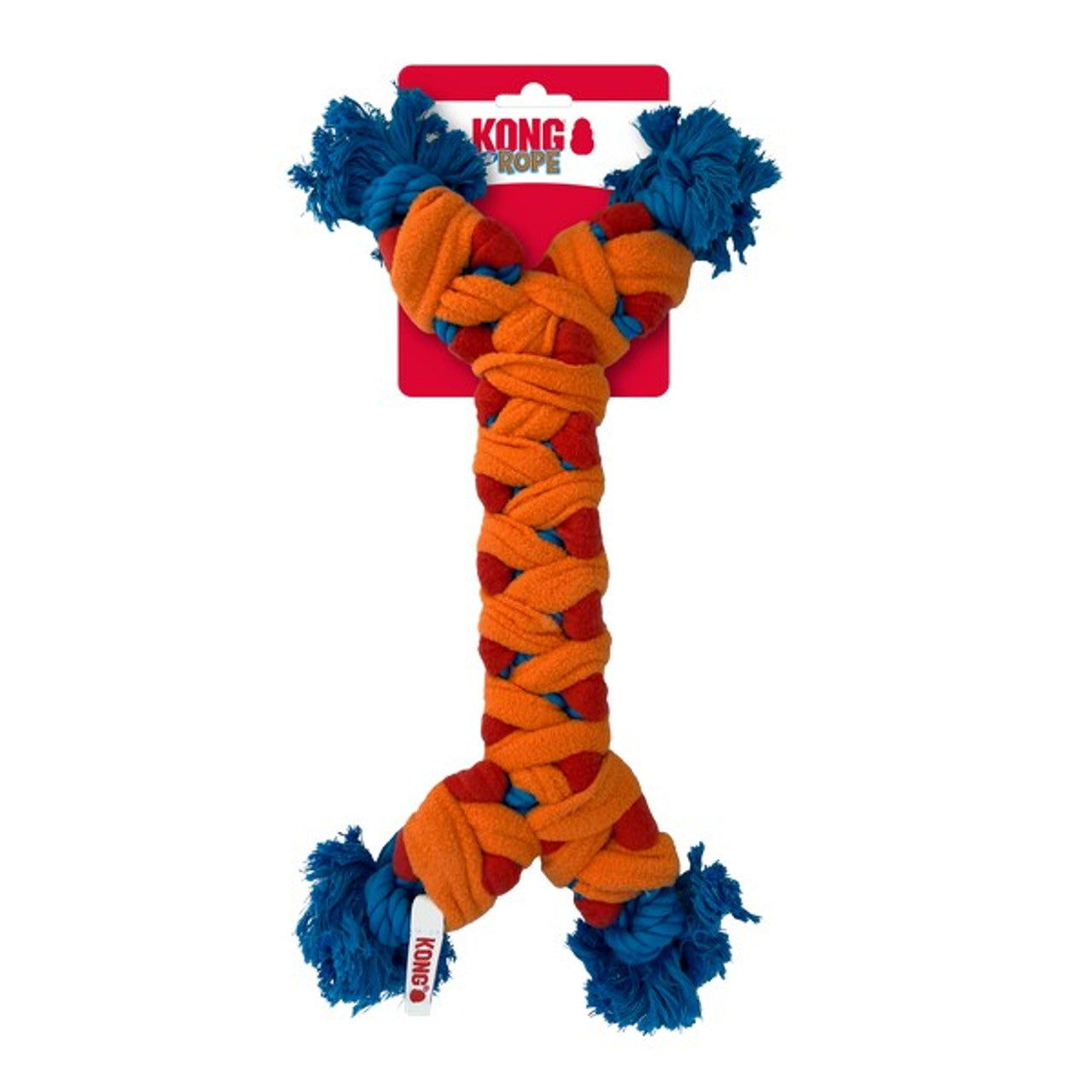 Stock image of the KONG Rope Rally Bone, an orange and blue toy on a white background.