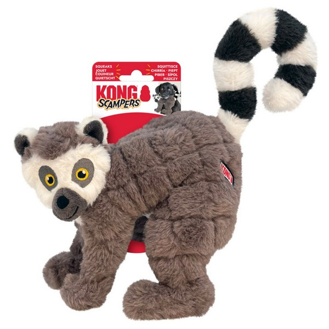 Stock image of plush lemur toy by KONG, against a white background, with red and white packaging.