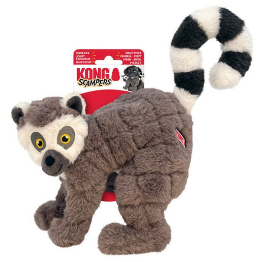 Stock image of plush lemur toy by KONG, against a white background, with red and white packaging.