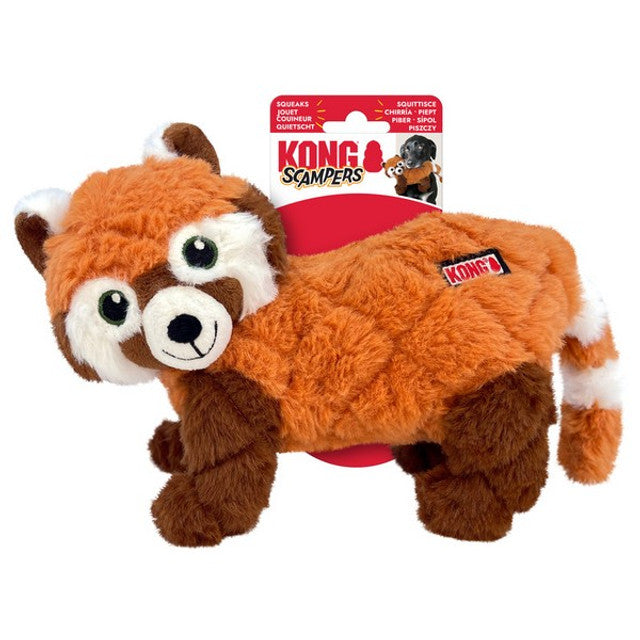Stock image of plush red panda toy by KONG, against a white background, with red and white packaging.
