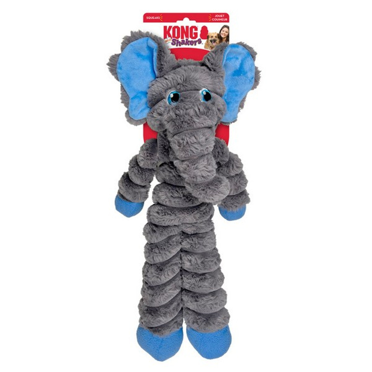 Stock image of the Shakers Crumples Elephant, a grey and blue elephant toy, against a white background.