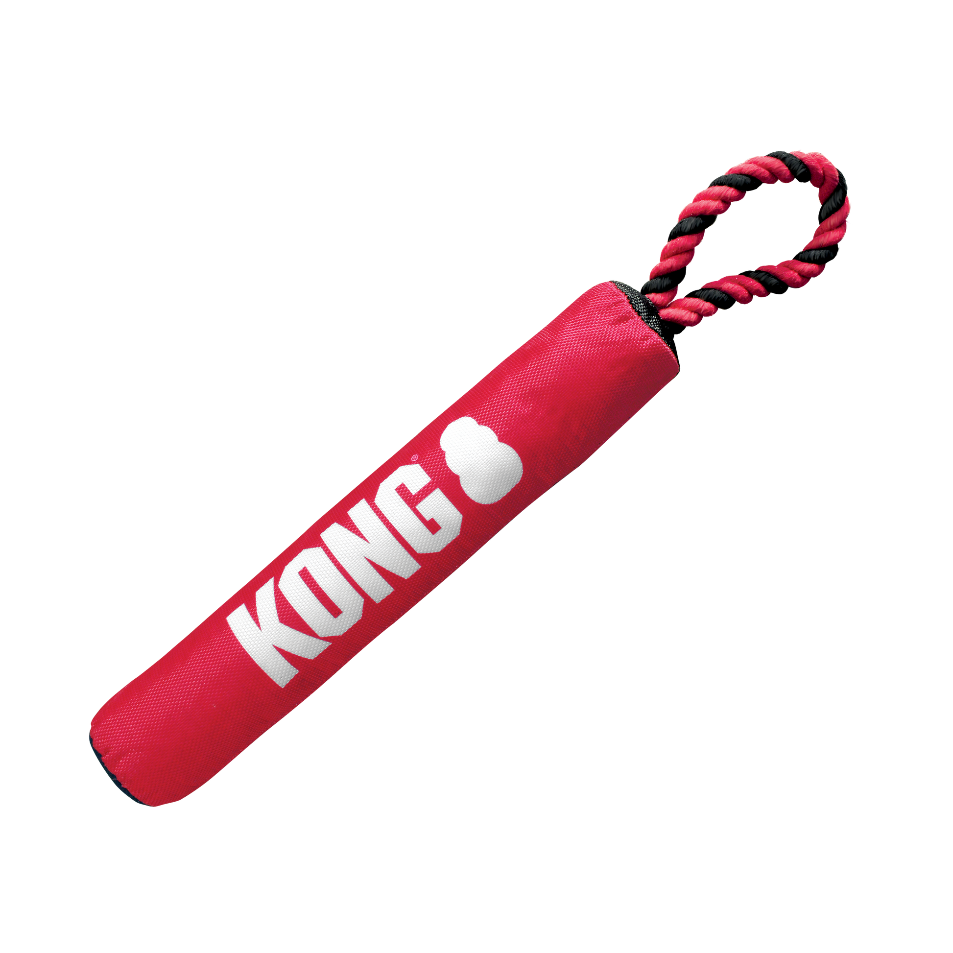Stock image of the Signature Stick with Rope, a red toy with rope on the end and KONG branding.