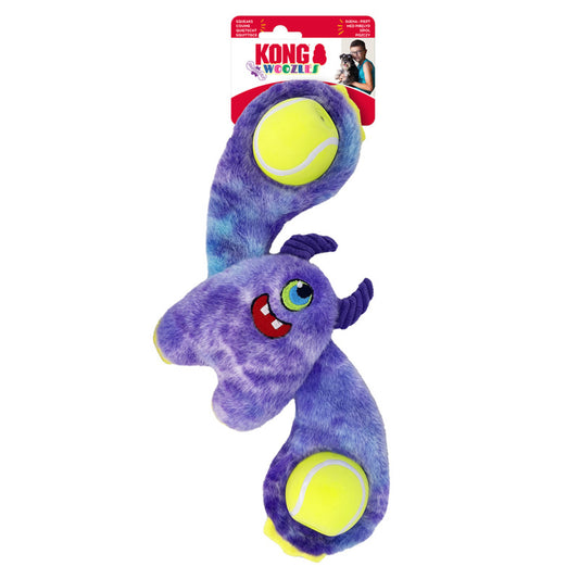 Stock image of the KONG Woozles Monster, with tennis ball arms and purple colours.