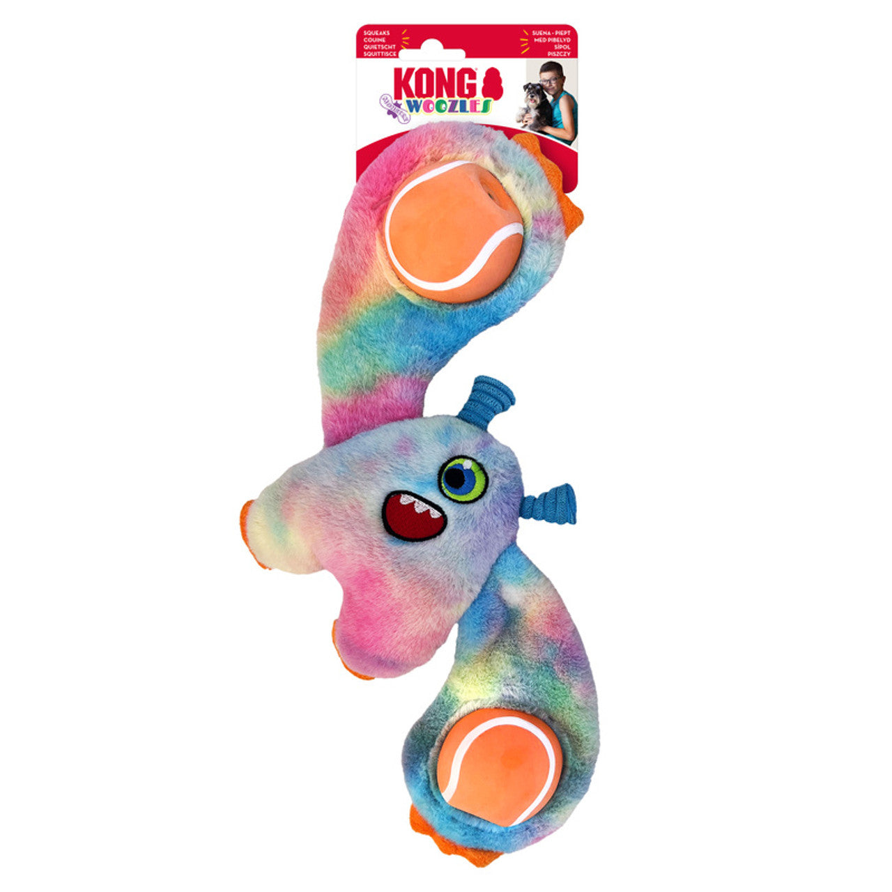 Stock image of the KONG Woozles Monster, with tennis ball arms and pastel galaxy colours.