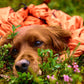 Lifestyle image of a dog laying in the grass.