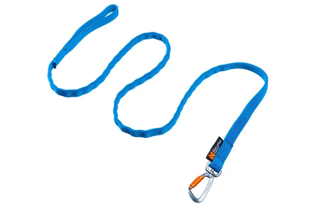Stock image of the blue Bungee Lead, with a carabiner attached and Non-stop branding, displayed against a white background.