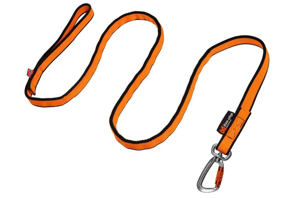 Stock image of the orange Bungee Lead, with a carabiner attached and Non-stop branding, displayed against a white background.