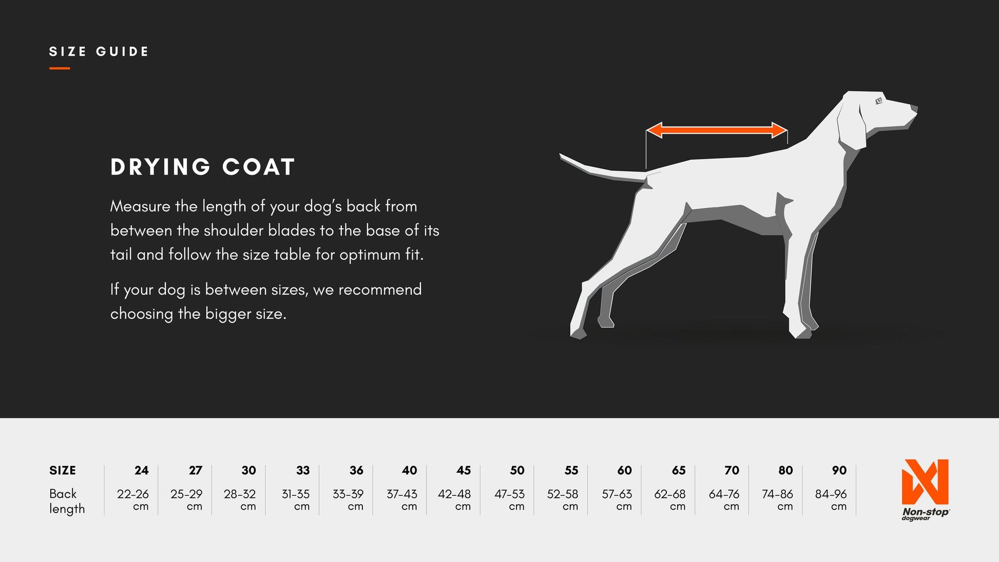 Sizing chart for the Non-stop Drying Coat.