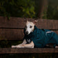 Lifestyle image of the Fjord Lined Jacket, with a dog laying on a brown bench in a forest.