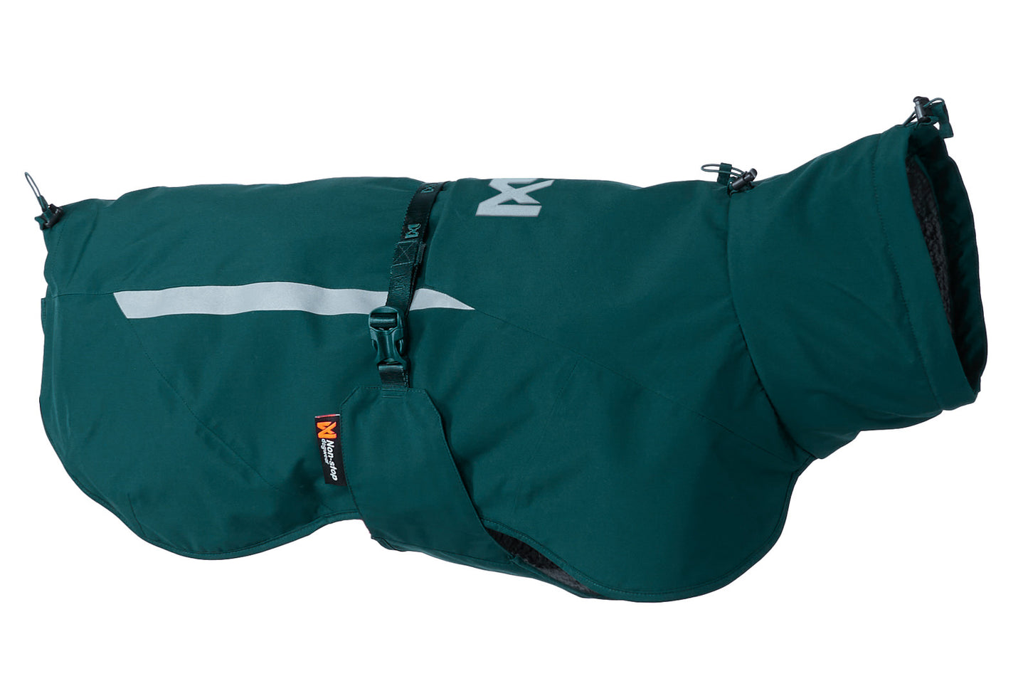Stock image of the Fjord Lined Jacket, a teal coloured dog jacket with Non-stop branding, on a white background.