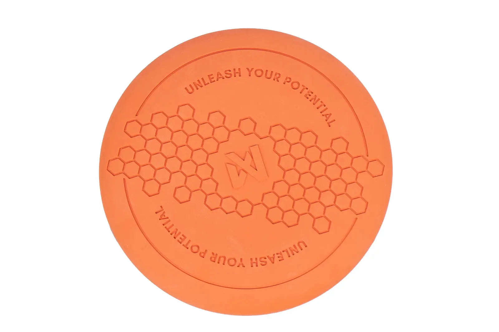 Orange Flying Disc, with hexagonal pattern and Non-stop dogwear Logo on a white background.