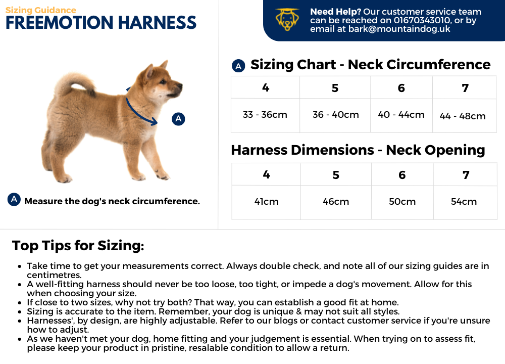 Sizing guide for the Freemotion Harness, showing how to measure.