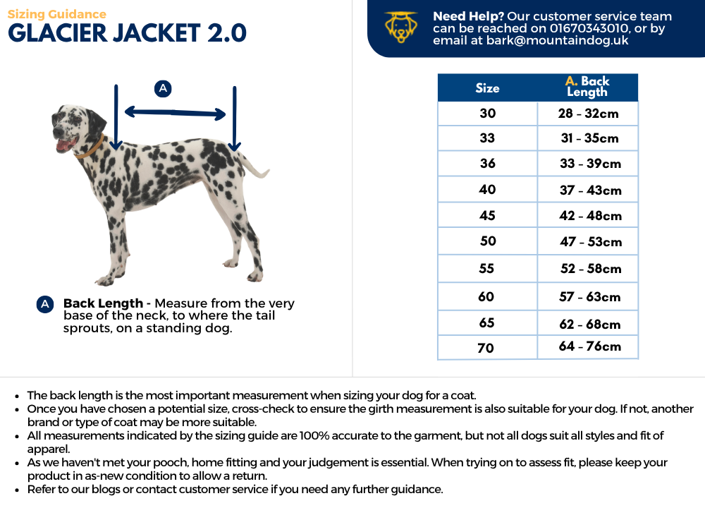 Sizing chart for the Glacier Jacket v2.
