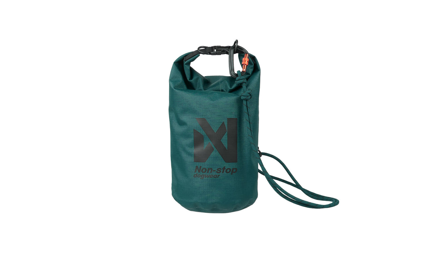 Stock image of the Multiuse Bag, a teal coloured, Non-stop branded bag, on a white background. Carabiner is clipped.