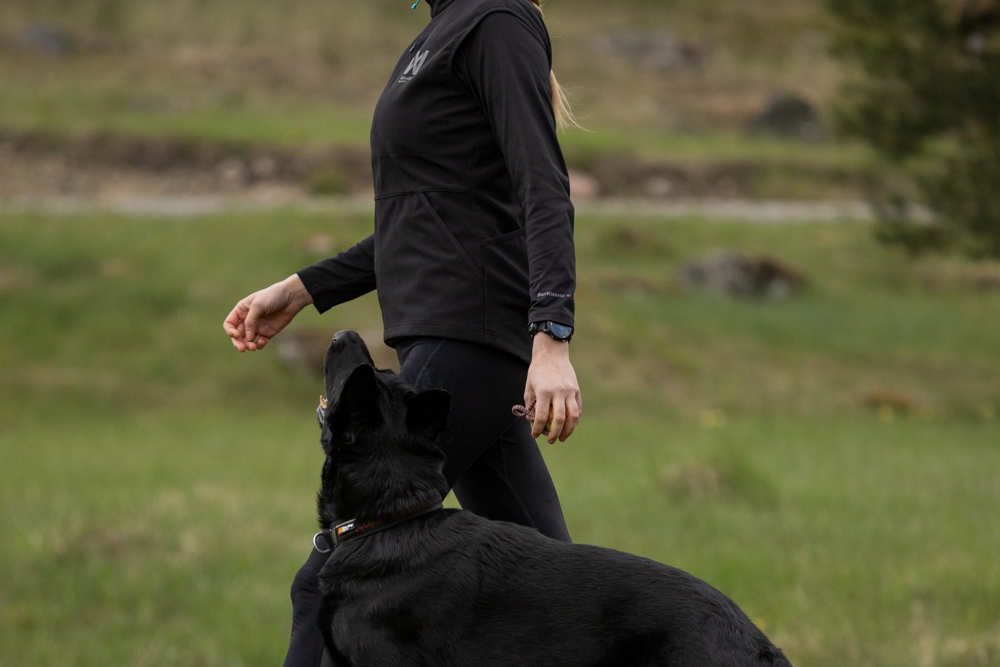 Woman walking a black dog in a forested area.