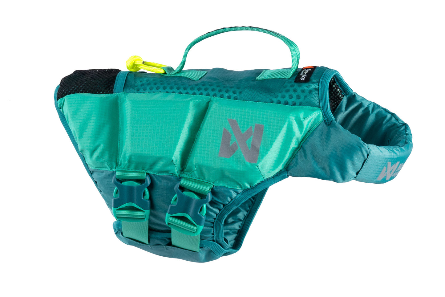 Stock image of the Protector Life Jacket, a teal lifejacket with a handle for dogs, against a white background.