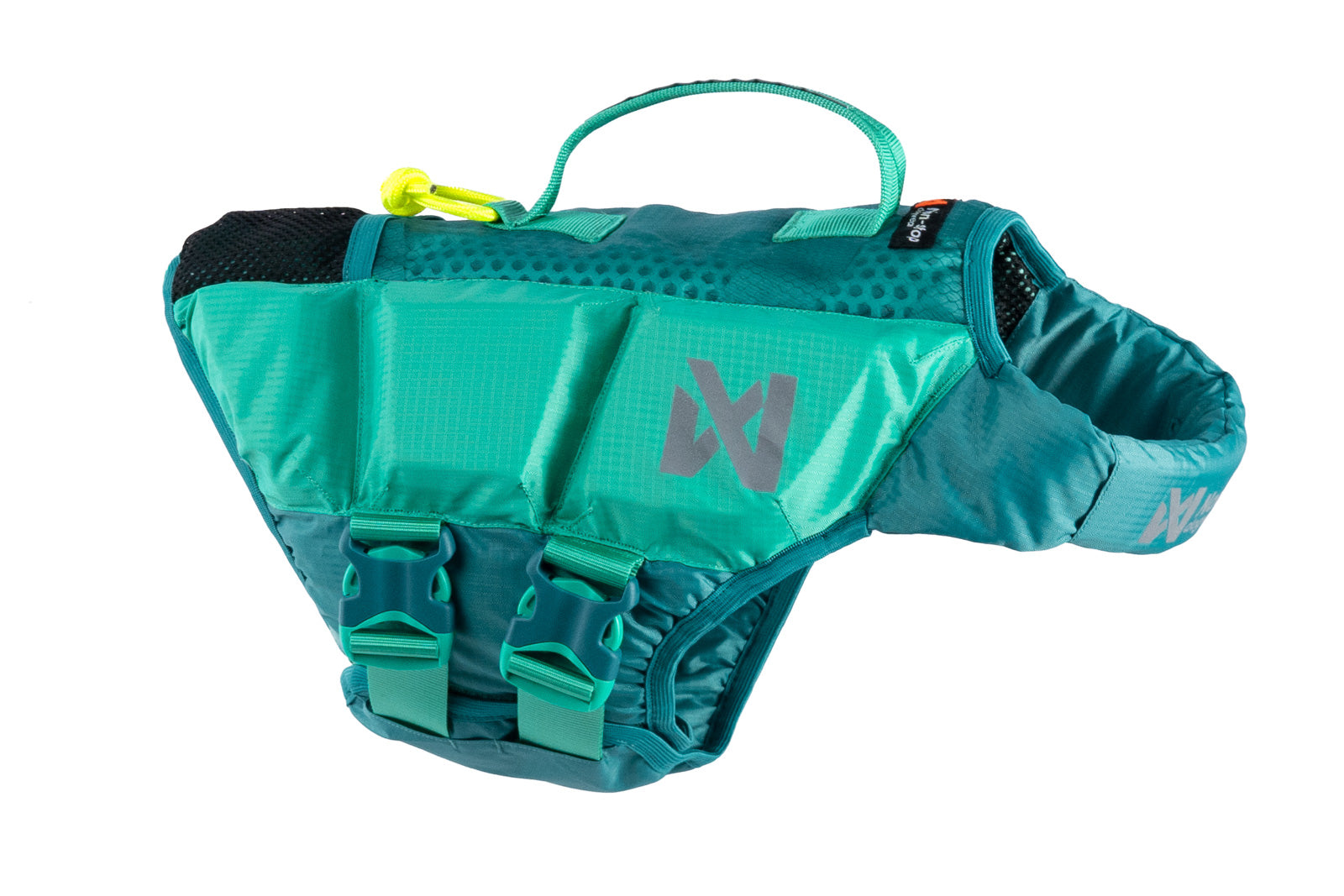 Stock image of the Protector Life Jacket, a teal lifejacket with a handle for dogs, against a white background.