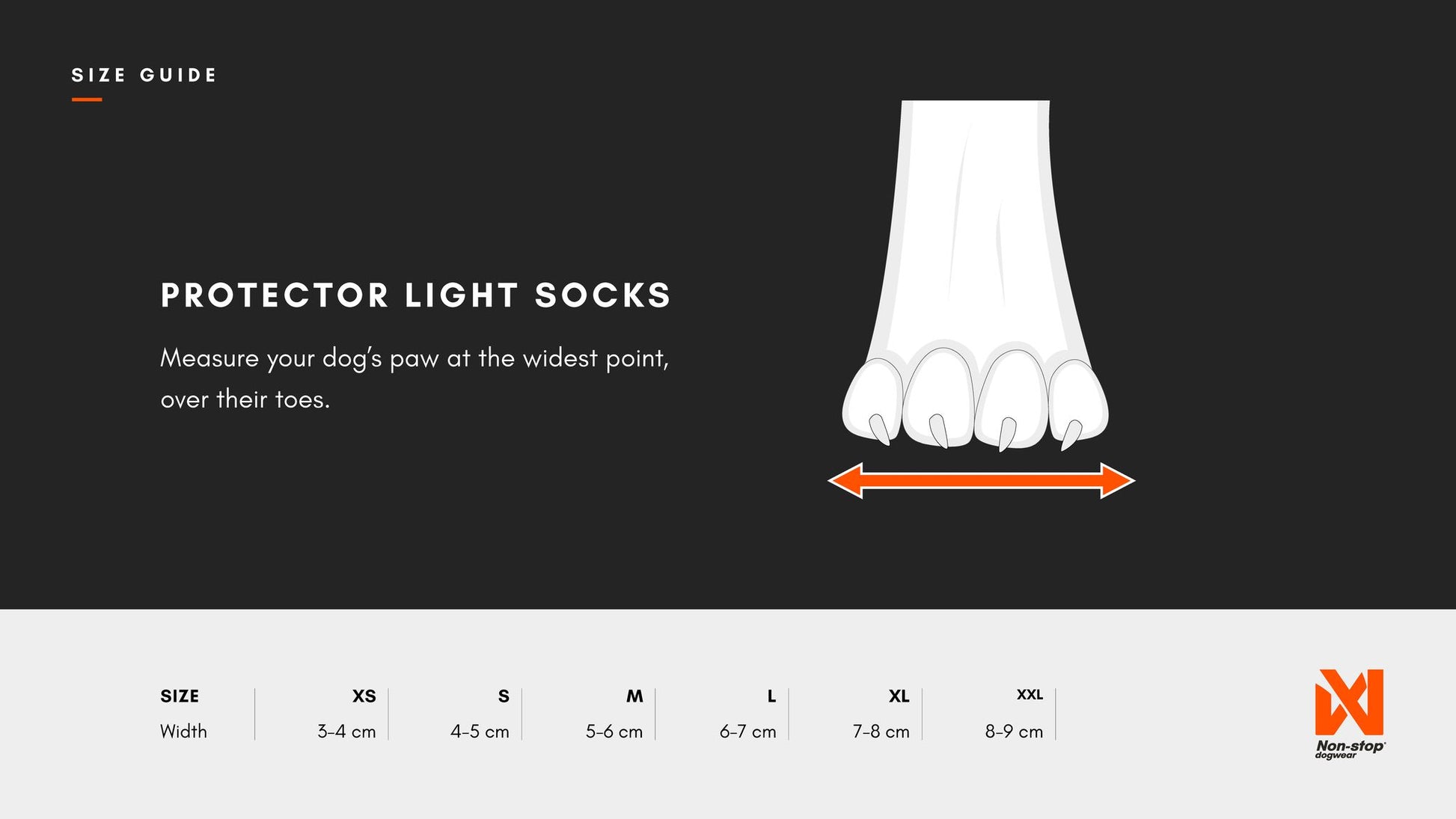 Sizing guide for the Protector Light Socks, showing where to measure the paw.