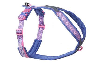 Stock image of the Rachel Pohl Harness, in pink and purple with mountain details, against a white background.