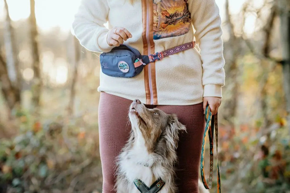 Lifestyle image of the Rachel Pohl Trail Quest Storage Pack, with a dog between the legs of their owner, waiting for a treat.