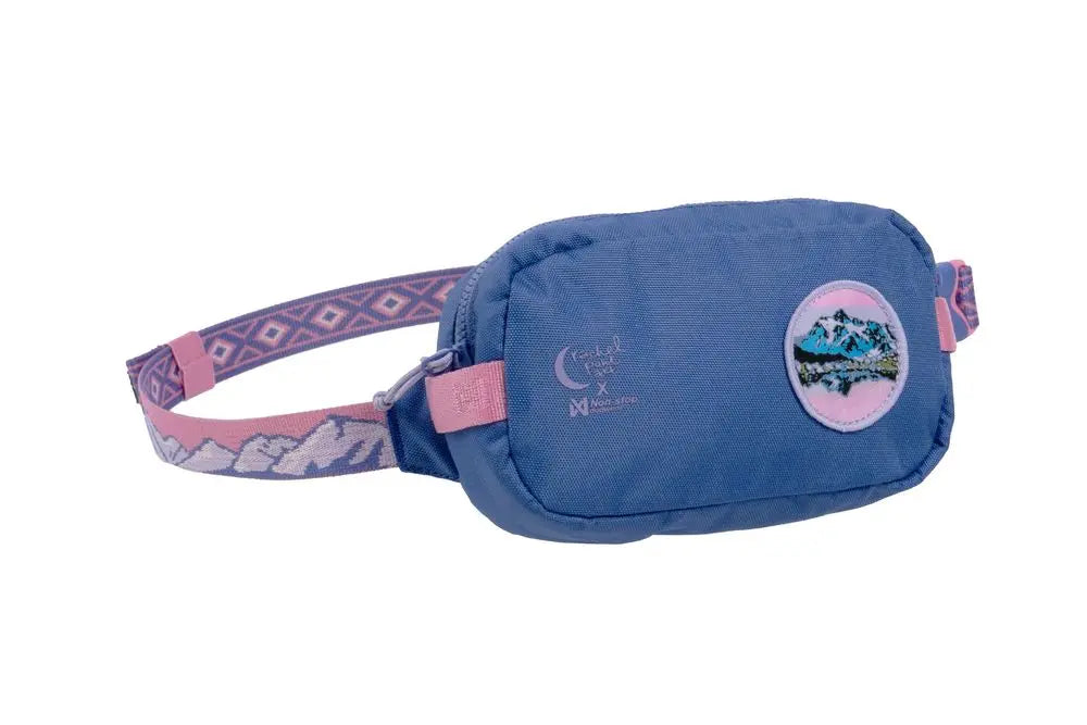 Stock image of the Rachel Pohl Trail Quest Storage Pack, a purple and pink pack with mountainous details along the straps.