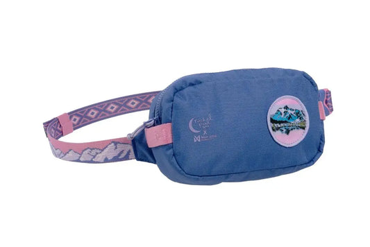 Stock image of the Rachel Pohl Trail Quest Storage Pack, a purple and pink pack with mountainous details along the straps.