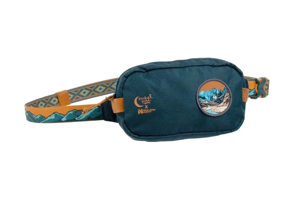 Stock image of the Rachel Pohl Trail Quest Storage Pack, a teal and oak pack with mountainous details along the straps.