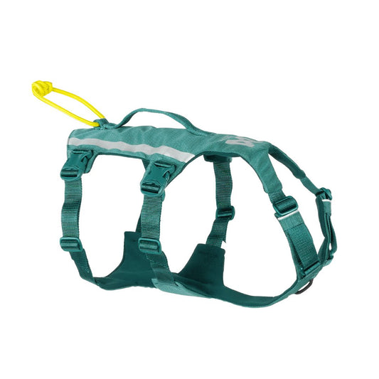 A teal Ramble Dog Harness Long with adjustable straps and a yellow handle.