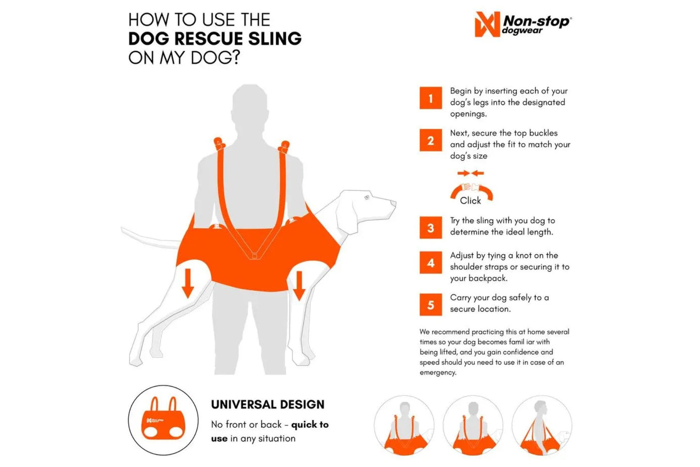Infographic for the Rescue Sling, showing a diagram and steps to use the Dog Rescue Sling on your dog.
