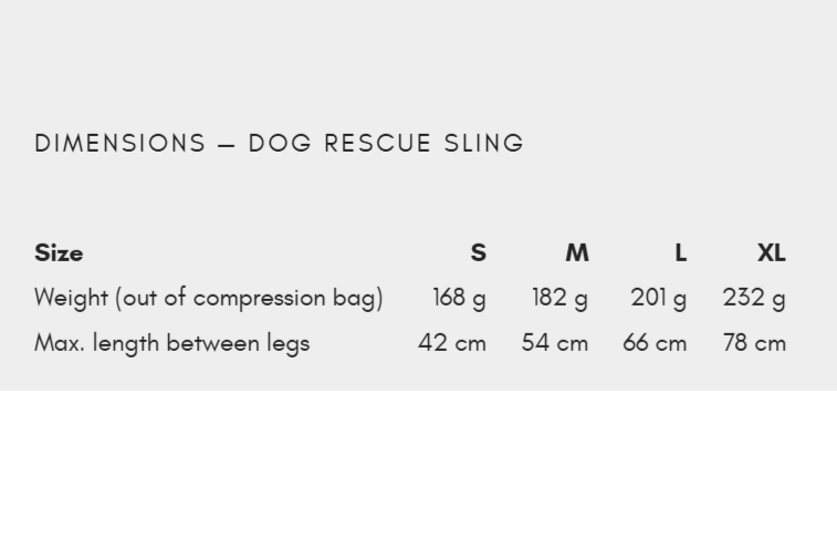 Dimensions of the Rescue Sling, showing the weight out of the compression bag and maximum length between the legs.
