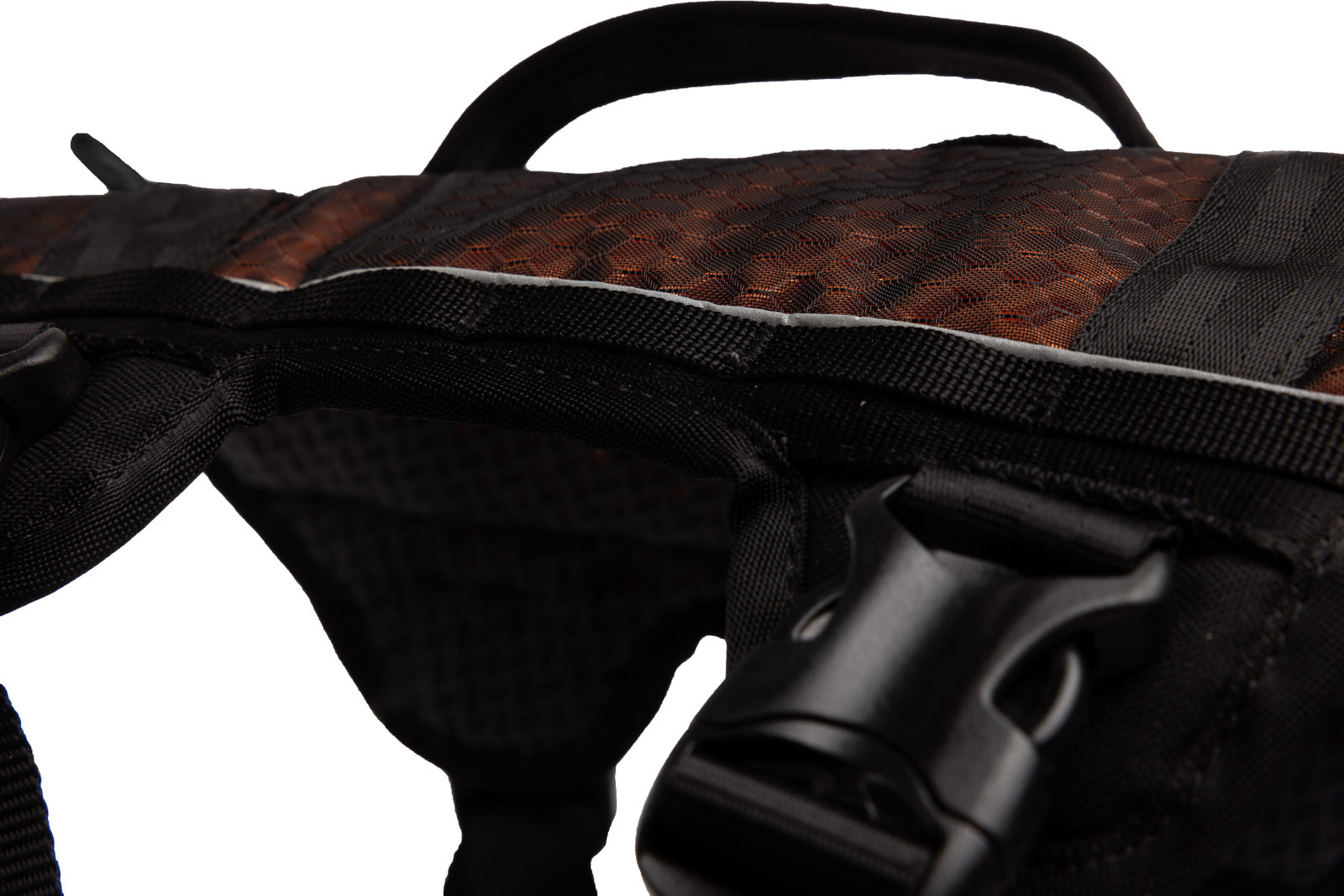 Stock image of the Rock Harness Long, showing an up close shot of the buckle.