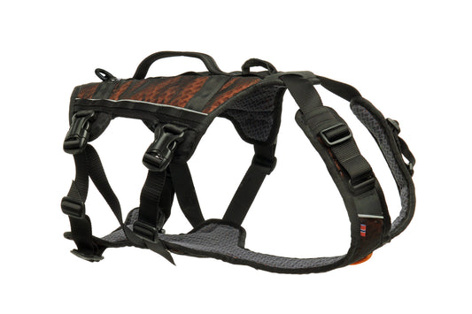 Stock image of the Rock Harness Long, a brown and black harness with breathable HexiVent, on a white background.