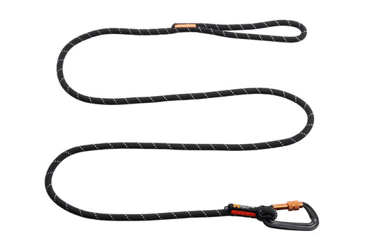 Stock image of the Rope Lead, a black lead made entirely of rope with a carabiner on the end, on a white background.