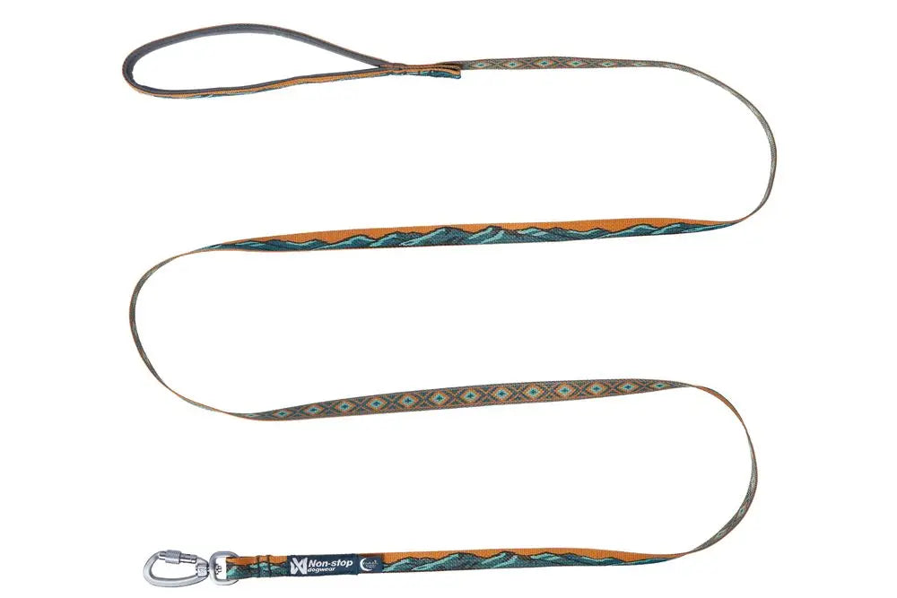 Stock image of the Trail Quest Lead, a teal and oak dog lead with mountain patterns, on a white background.
