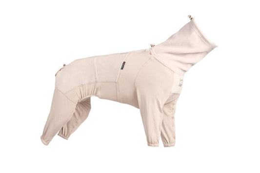 Stock image of the sand Trail Quest Fleece Overall, a 4-legged fleece dog coat, on a white background.