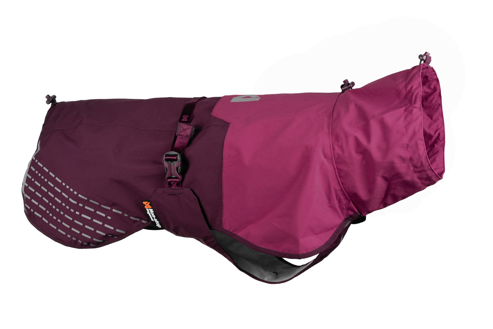 Stock image of the Fjord Raincoat, a two-tone purple dog coat, on a white background.
