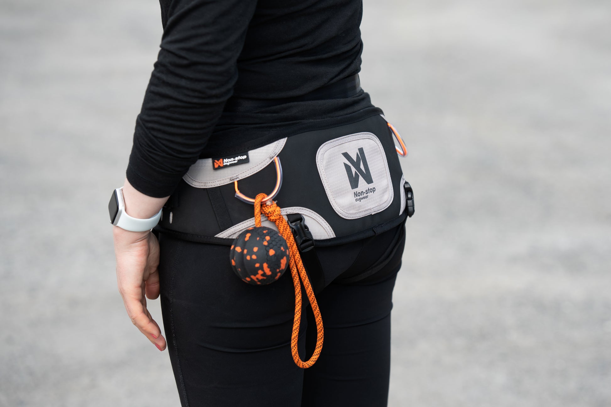 The Explore Belt in use, showing the Non-stop logo & with a ball toy attached to the belt.