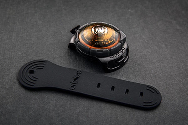 Stock image of the Orbiloc Amber Light, against a grey background.