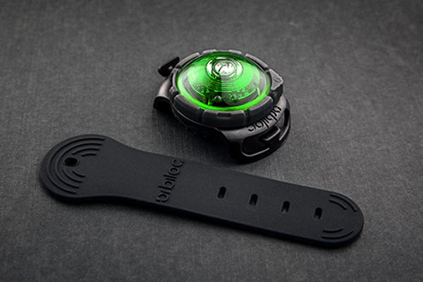 Stock image of the Orbiloc Green Light, against a grey background.