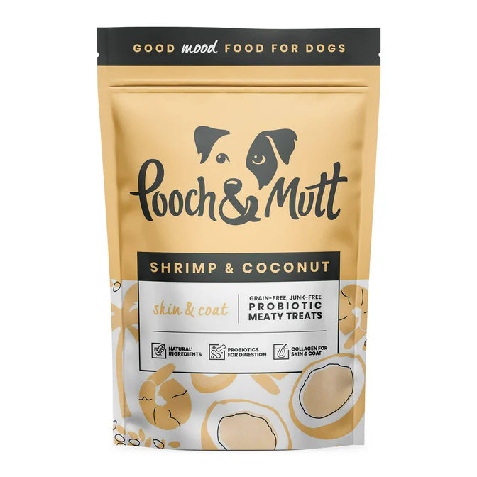 Pooch & Mutt Shrimp & Coconut dog treats on a white background.