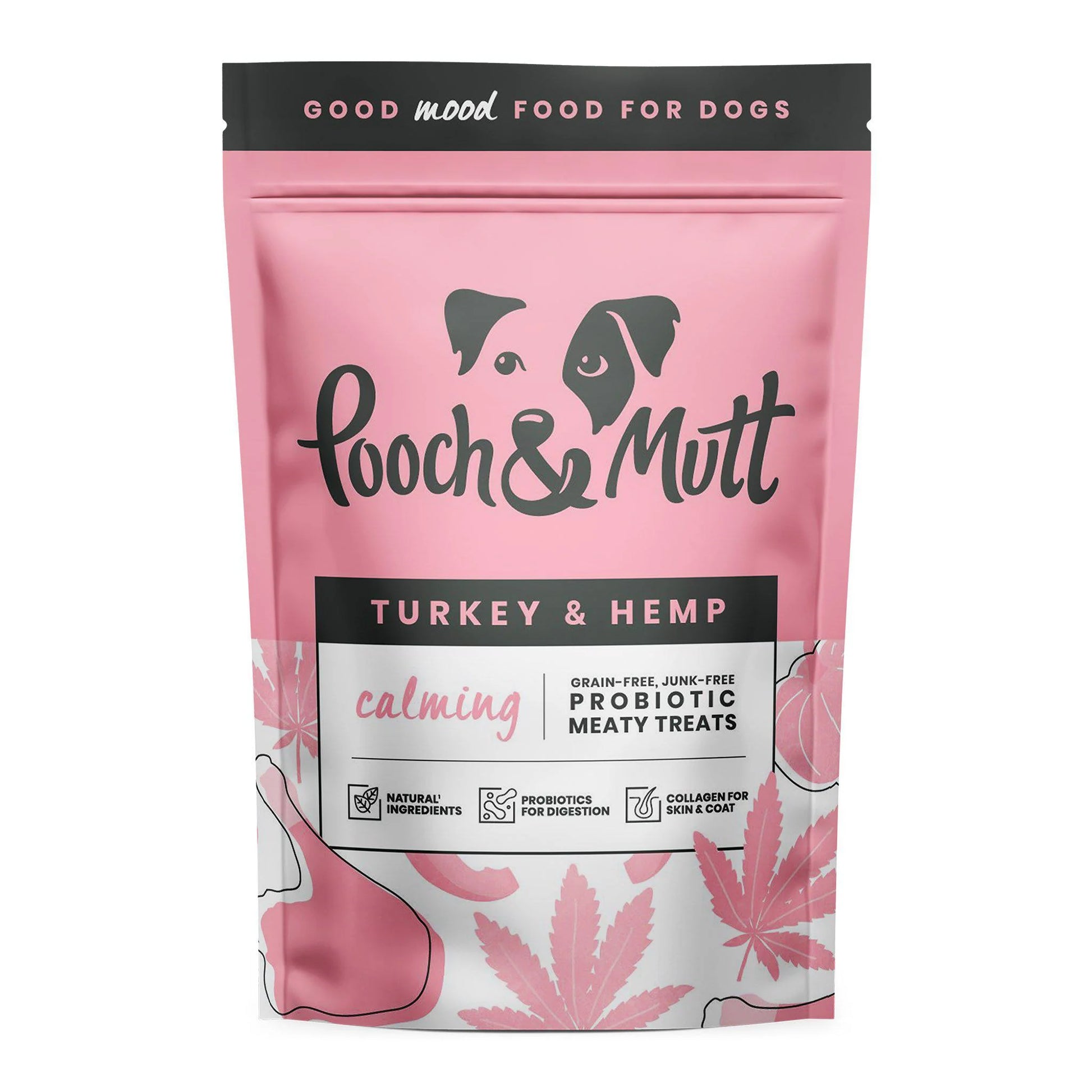 Pink package of Pooch & Mutt Turkey & Hemp treats with a white background.