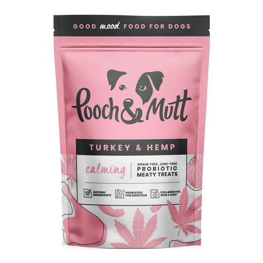Pink package of Pooch & Mutt Turkey & Hemp treats with a white background.