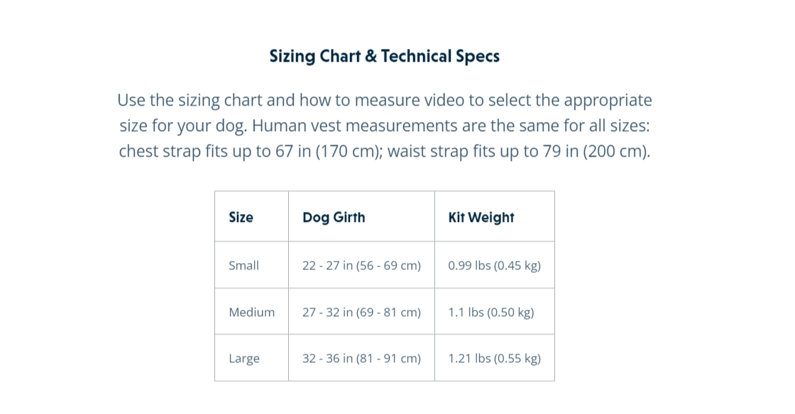 Sizing chart for the Ruffwear Backtrak Evacuation Kit.