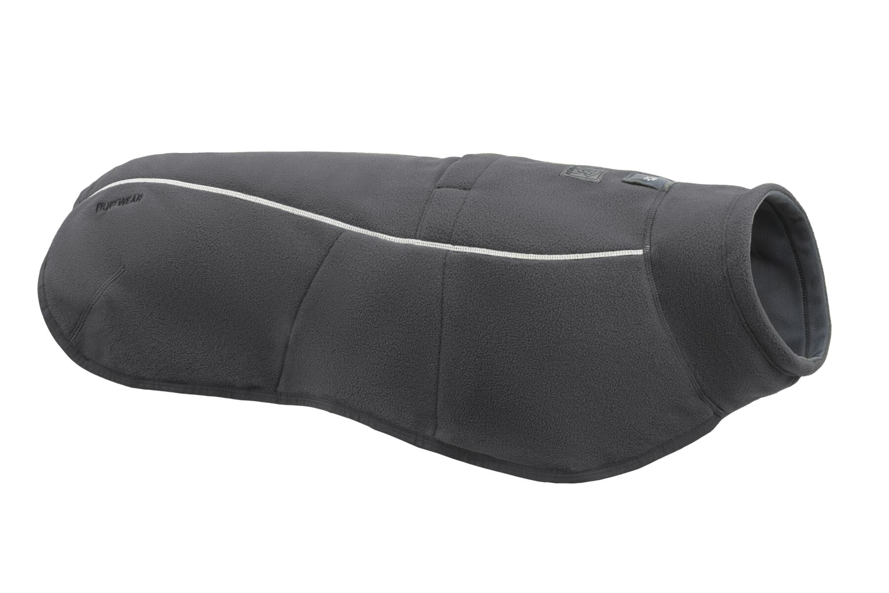 Stock image of the Climate Changer Fleece Vest, a grey warming coat with a reflective strip, on a white background.