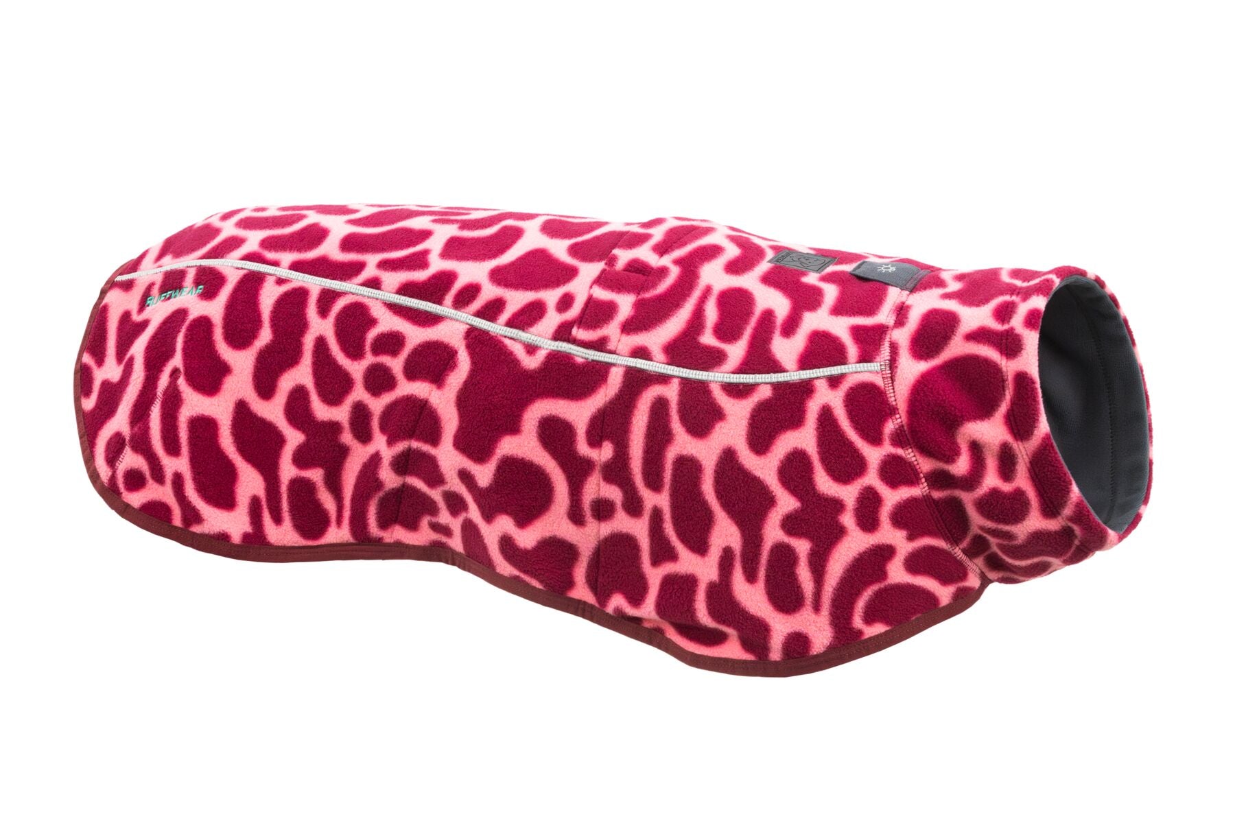 Stock image of the Climate Changer Fleece Vest, a red and pink patterned warming coat with a reflective strip, on a white background.