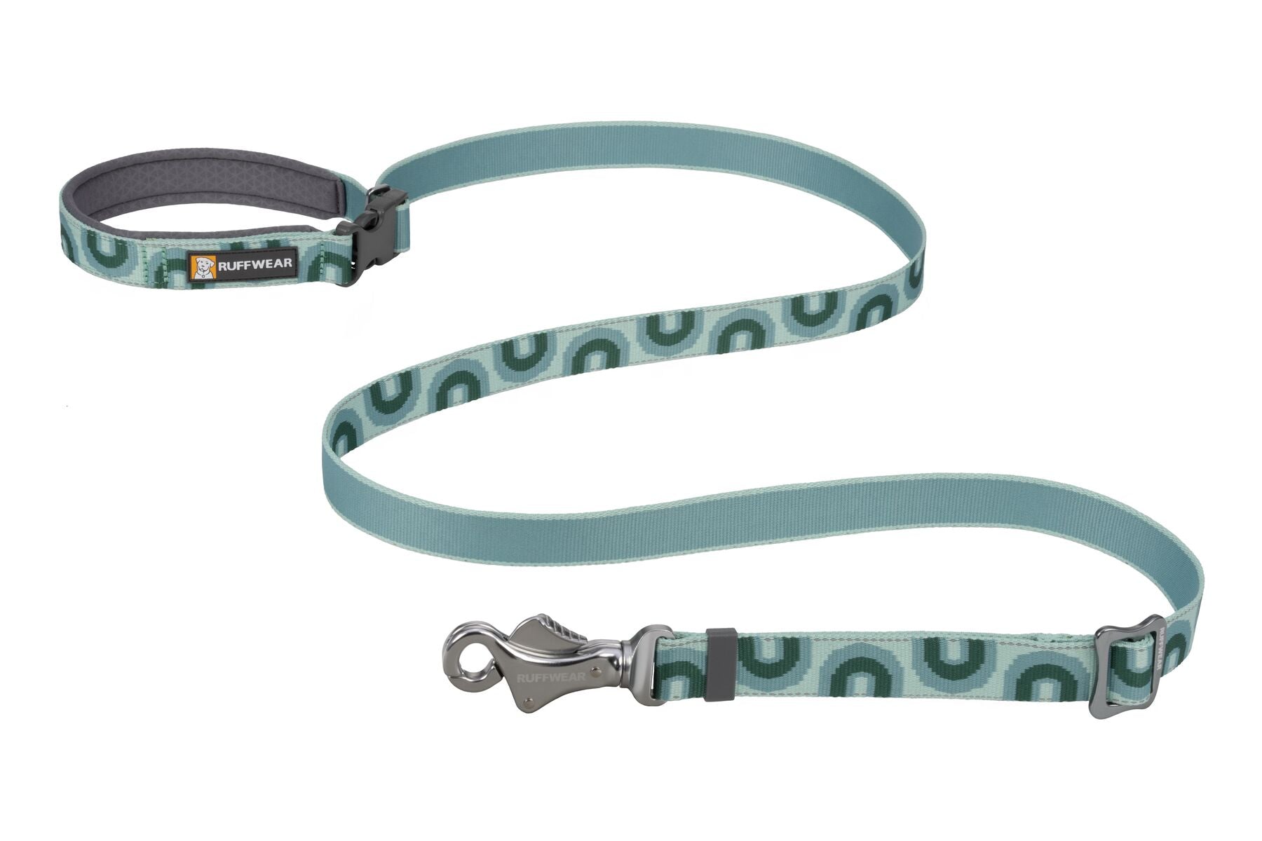 Stock image of the Crag EX Lead on a white background in the Grassy Oxbow pattern, with mountains along the length of the lead and green/blue colours.