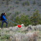 Lifestyle image of the Crag Lead being clipped to a red harness backpack, as the two walk through a field.