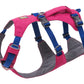 Stock image of the Flagline Harness in Alpenglow Pink, a double-belly strap harness on a white background with a handle.